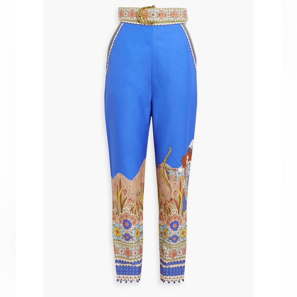 Zimmermann Blue Belted Printed Cotton & Silk Twill Tapered Pants Size 0 US4 NWT
